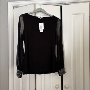 Annalee + Hope Black Top with Mesh Sleeves and Studded Cuffs